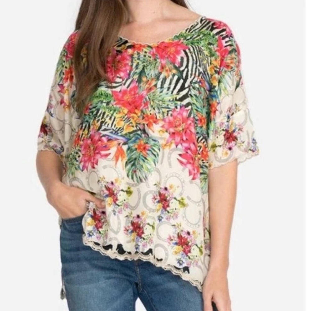 Johnny Was Sea Biscuit Shiloh Top 100% Silk Oversized horses blouse